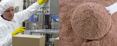 Person working in a factory and a scoop of powder supplements