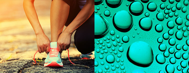 Person tying their shoes with water droplets